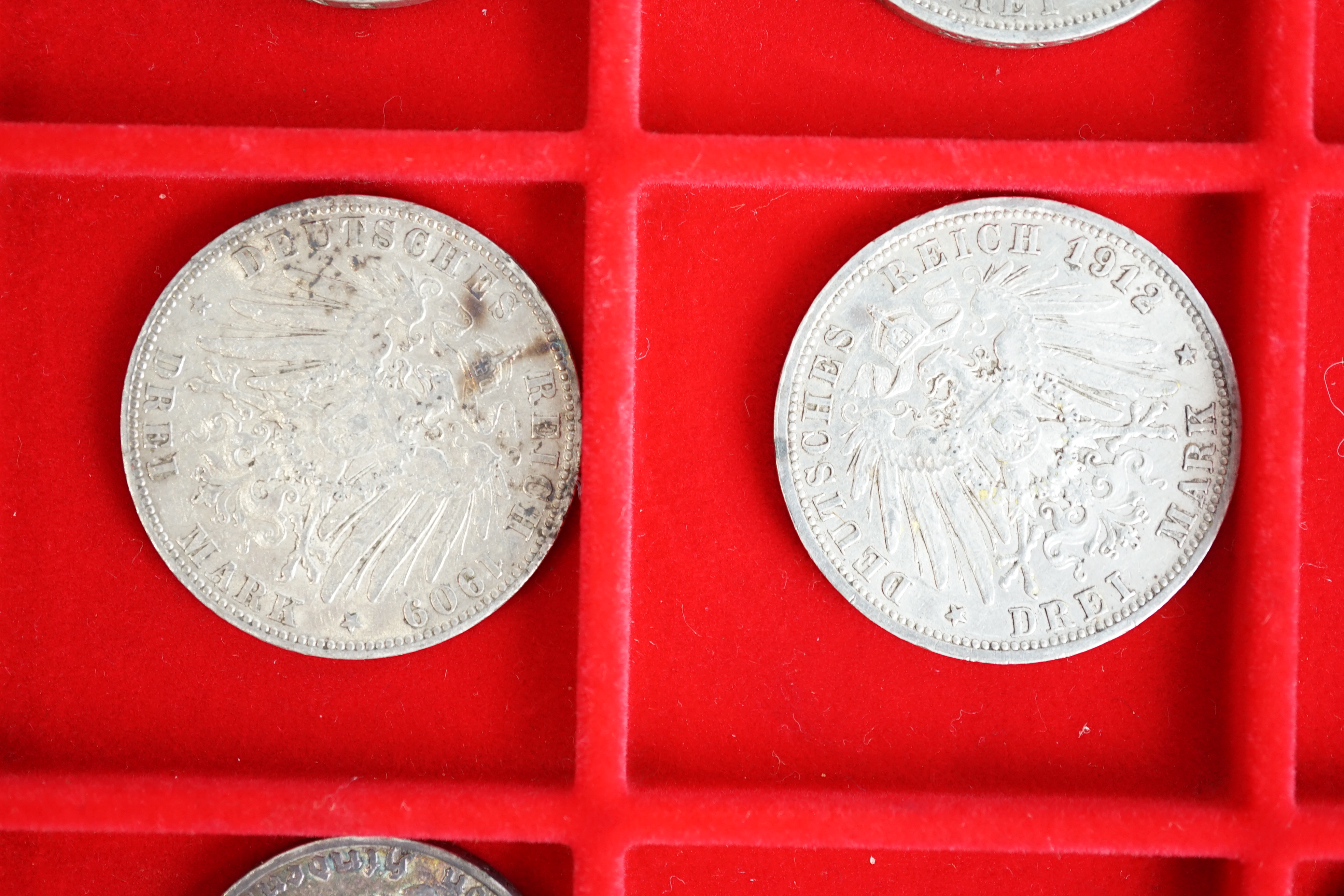 German states, silver coins, including Kingdom of Prussia, 3 mark coins, 1908A, VF, two 1909A, VF, 1910A, VF, Kingdom of Württemberg 3 mark coins, two 1912F, VF, 1914F, good VF, Grand Duchy of Baden, 3 mark, 1914G, VF, f